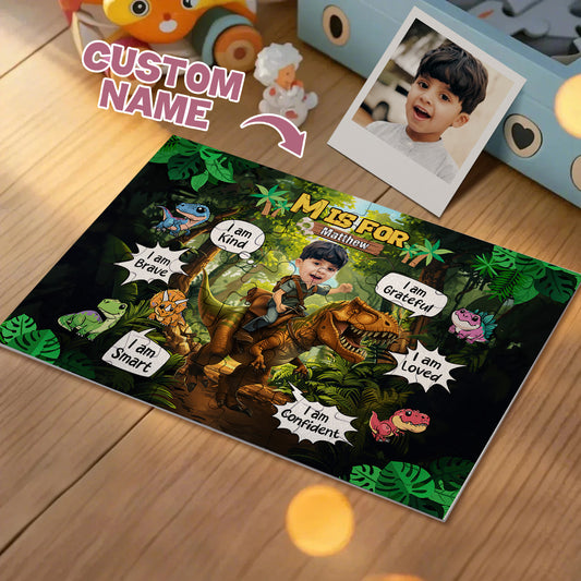 Personalised photo jigsaw puzzle showing a little boy riding a dinosaur with your uploaded picture integrated – custom kids gift and personalised photo jigsaw