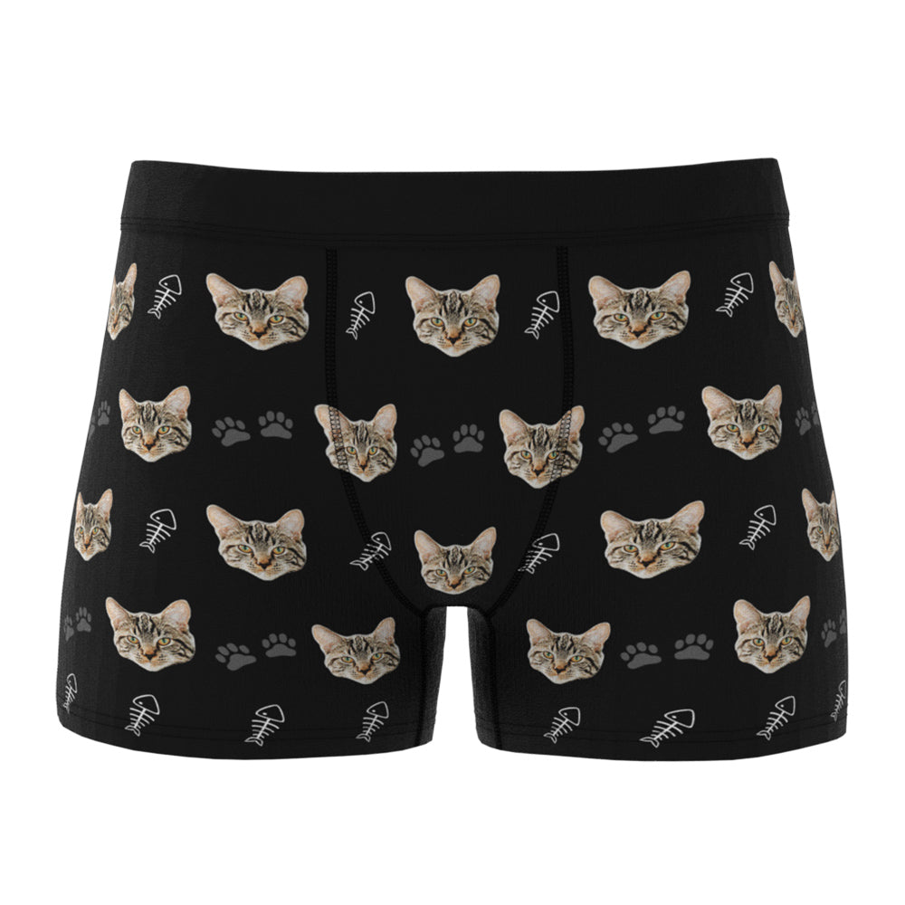 Range of custom cat face boxer shorts in multiple colours (black, white, red, blue, green, grey) — photo-printed personalised men's boxer briefs