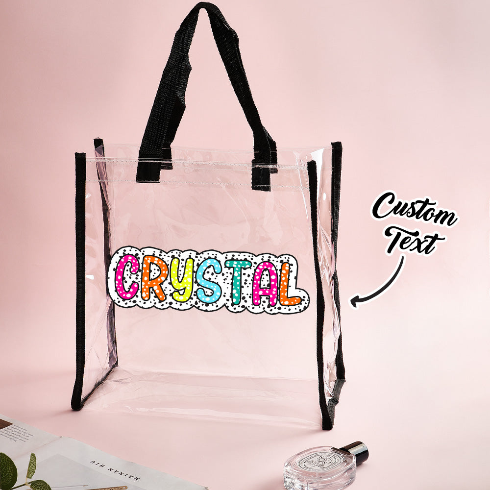 Personalised Name Clear Tote Bag – transparent PVC tote with custom name in elegant script, perfect personalised bridesmaid or wedding gift