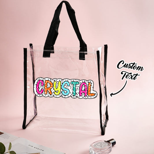 Personalised Name Clear Tote Bag – transparent PVC tote with custom name in elegant script, perfect personalised bridesmaid or wedding gift