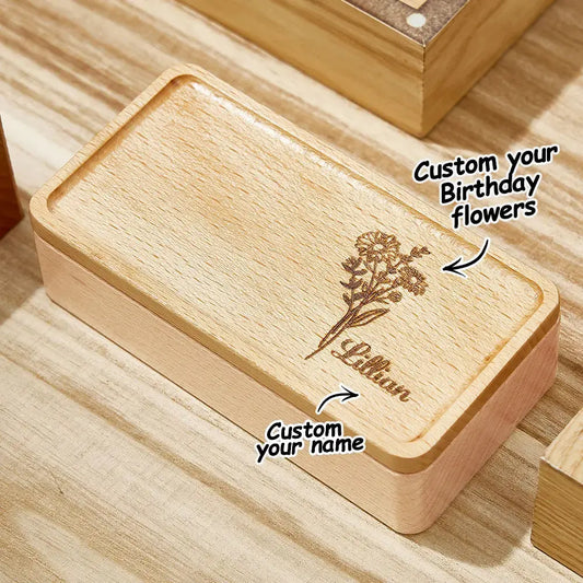 Personalised birth flower jewellery box in natural wood with custom name engraving — compact personalised jewellery organiser and keepsake gift for her
