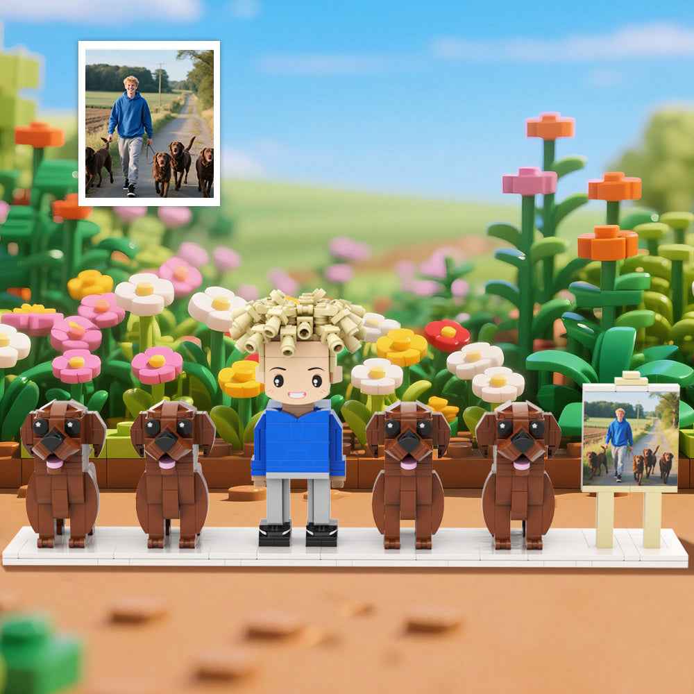 Custom Full-Body Cute Brick Figures of 1 Person and 4 Dogs with Frame Personalized Anniversary Gift Birthday Gift