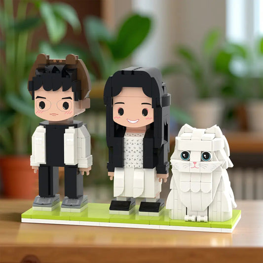 Personalised full‑body brick figures for two – custom couple mini figures in eco‑friendly ABS with optional cat small‑particle block toy, front view