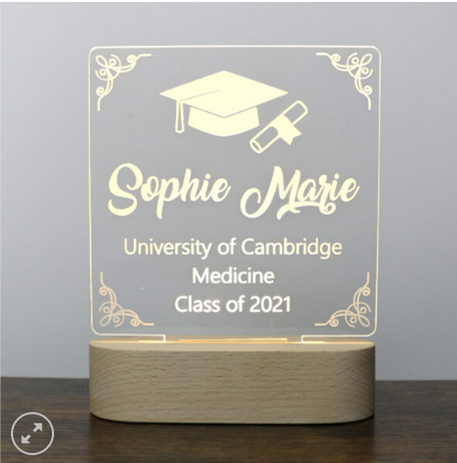 Personalised Graduation Lamp with Custom Text Wooden Base | Unique Gift