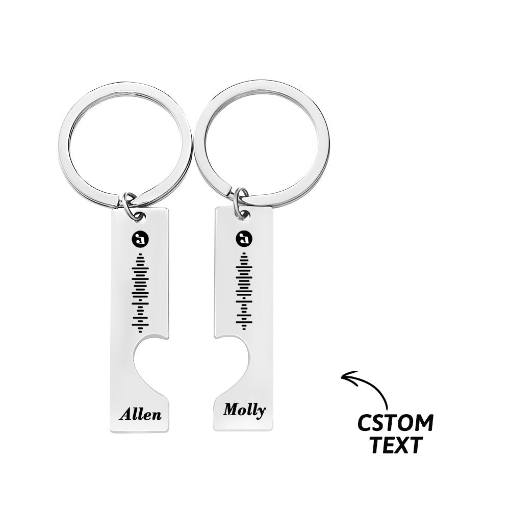 Close-up of personalised Spotify music code keyring with 3D engraved scan code and heart cut-out on stainless steel keychain – ideal gift for friends