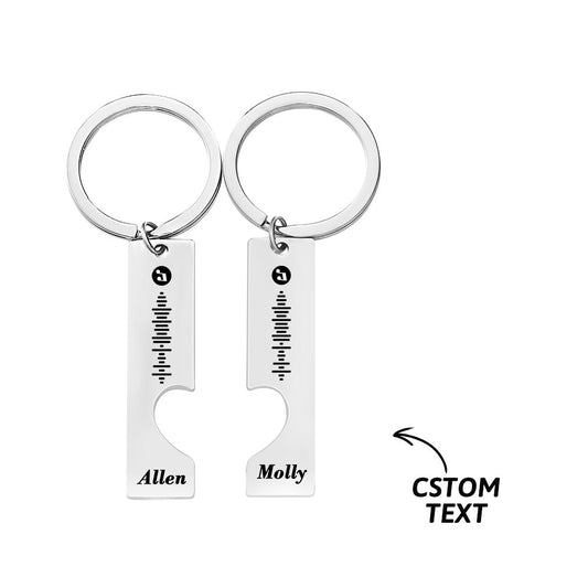 Close-up of personalised Spotify music code keyring with 3D engraved scan code and heart cut-out on stainless steel keychain – ideal gift for friends