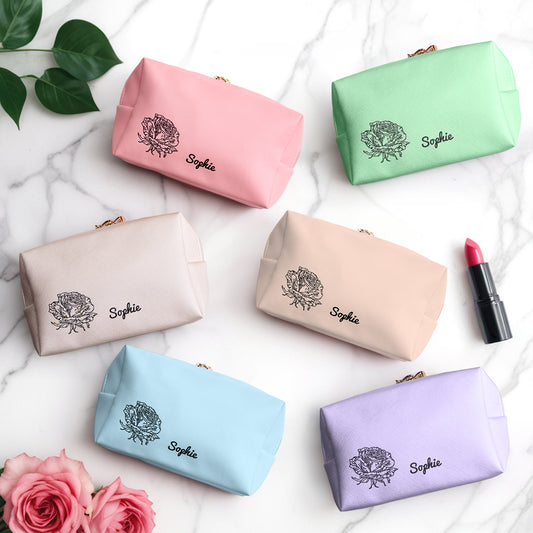 Front view of Personalised Birth Flower leather make-up bag showing printed birth flower and custom text — large-capacity cosmetic pouch, ideal gift for her