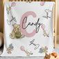 Winnie the Pooh personalised name blanket displayed in a cosy nursery setting with pastel tones.