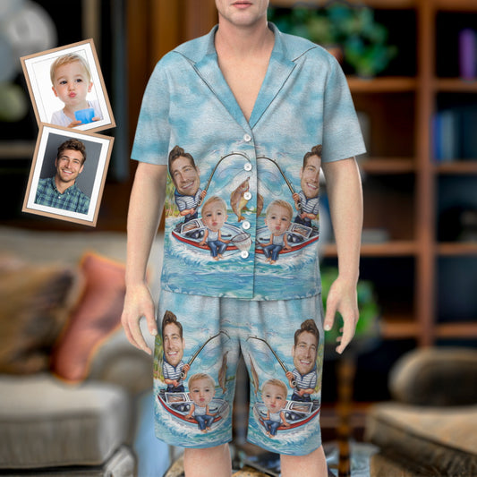 Personalised Dad & Son Fishing Face Pyjamas – matching short pyjama set with custom photo face prints on notched-lapel shirts and elastic-waist shorts, ideal Father's Day gift for dads and sons