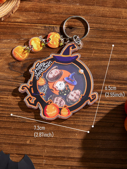 Close-up of humorous face artwork on acrylic keyring with glossy finish and vibrant print for a funny Hallowmas gift