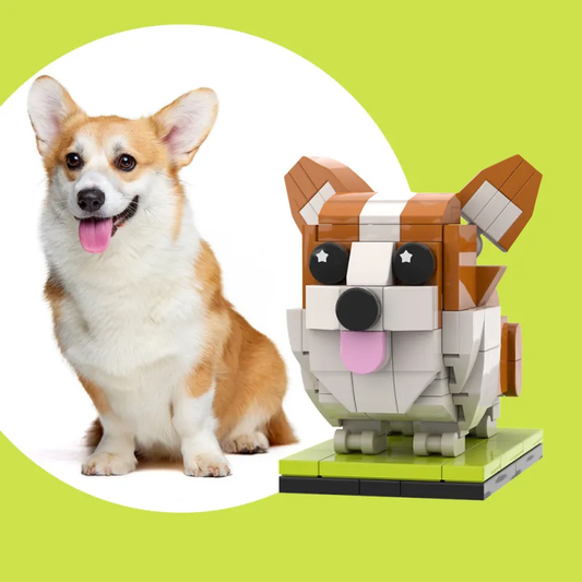 Customisable full-body Corgi brick figure — front-facing personalised Corgi mini build reproducing fur colour, facial emoji and clothing from your photo (photo upload) — ideal personalised pet gift