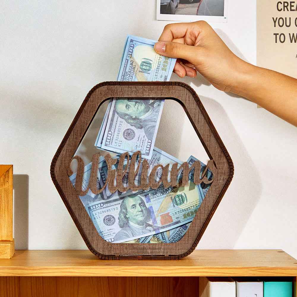 Custom Hexagonal Wood Piggy Bank with Name
