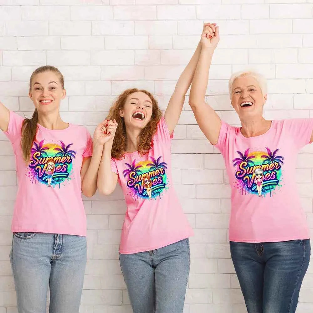 Personalized Cartoon Summer Vibes T-shirt with Name T-shirt Holiday Gift for Her