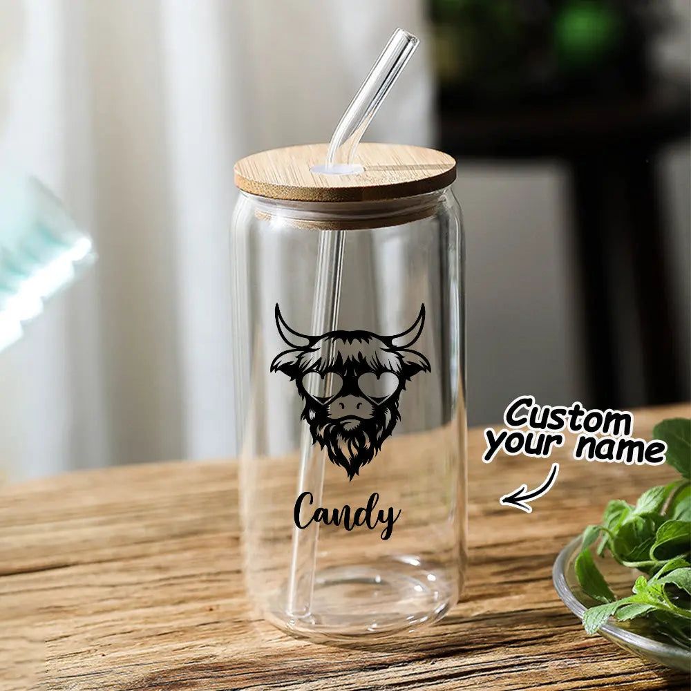 Personalised Highland Cow Glass Tumbler with Name - Custom Scotch Gift