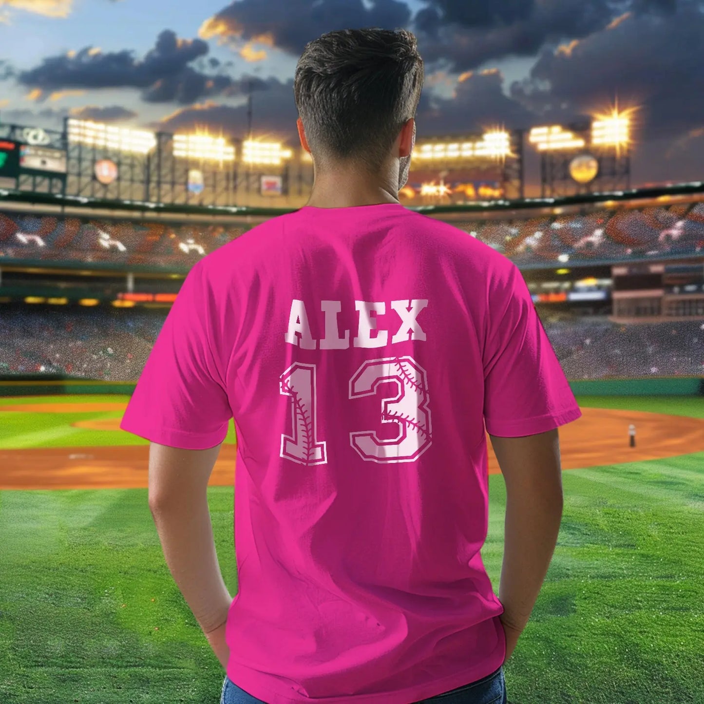 Front and back mockup of personalised baseball name and number sports T-shirt
