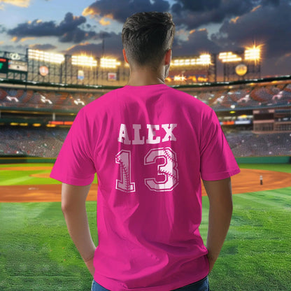 Front and back mockup of personalised baseball name and number sports T-shirt