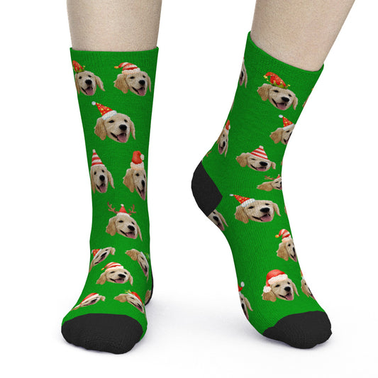 Merry Christmas Funny Custom Pet Face Socks — close-up of personalised festive socks printed with a pet face, ideal Christmas gift
