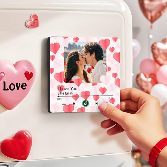 FridgeBeats frameless personalised music fridge magnet sticker with heart accents and custom photo playing a love song – perfect Valentine's Day gift