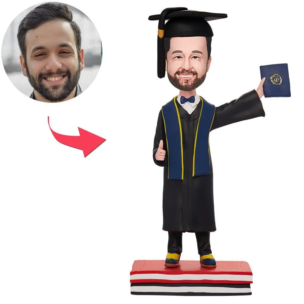 Personalised graduation bobblehead of a man holding a diploma with engraved base — hand‑sculpted polymer clay personalised gift for him