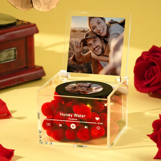 Mini Personalised Music Box custom photo record player with soft warm light on desk acrylic keepsake
