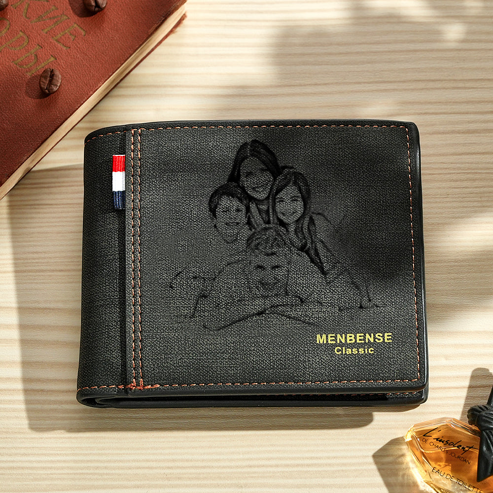 Open personalised PU leather wallet showing a high‑resolution printed photo and custom text with multiple card slots — men's personalised wallet