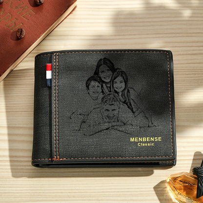 Open personalised PU leather wallet showing a high‑resolution printed photo and custom text with multiple card slots — men's personalised wallet