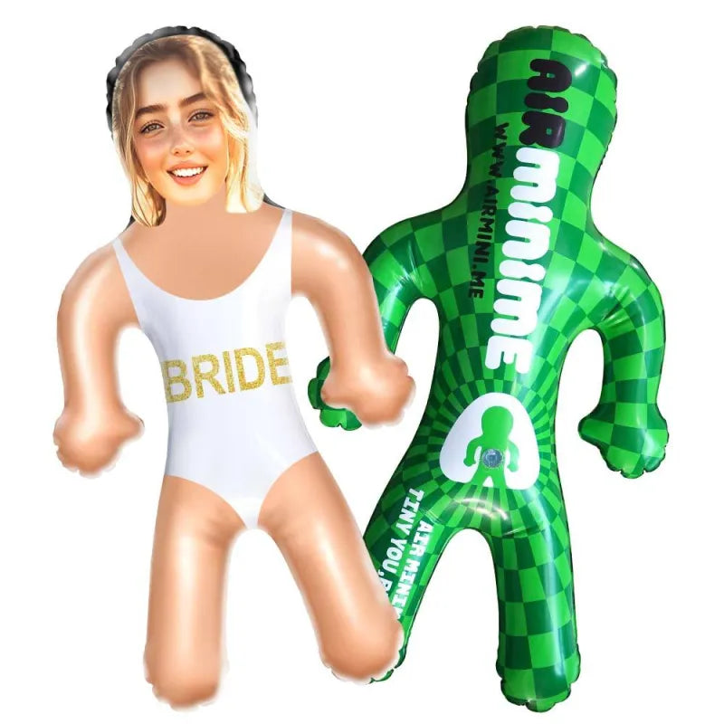 Close-up of the printed custom face on the inflatable doll for a personalised photo gift.