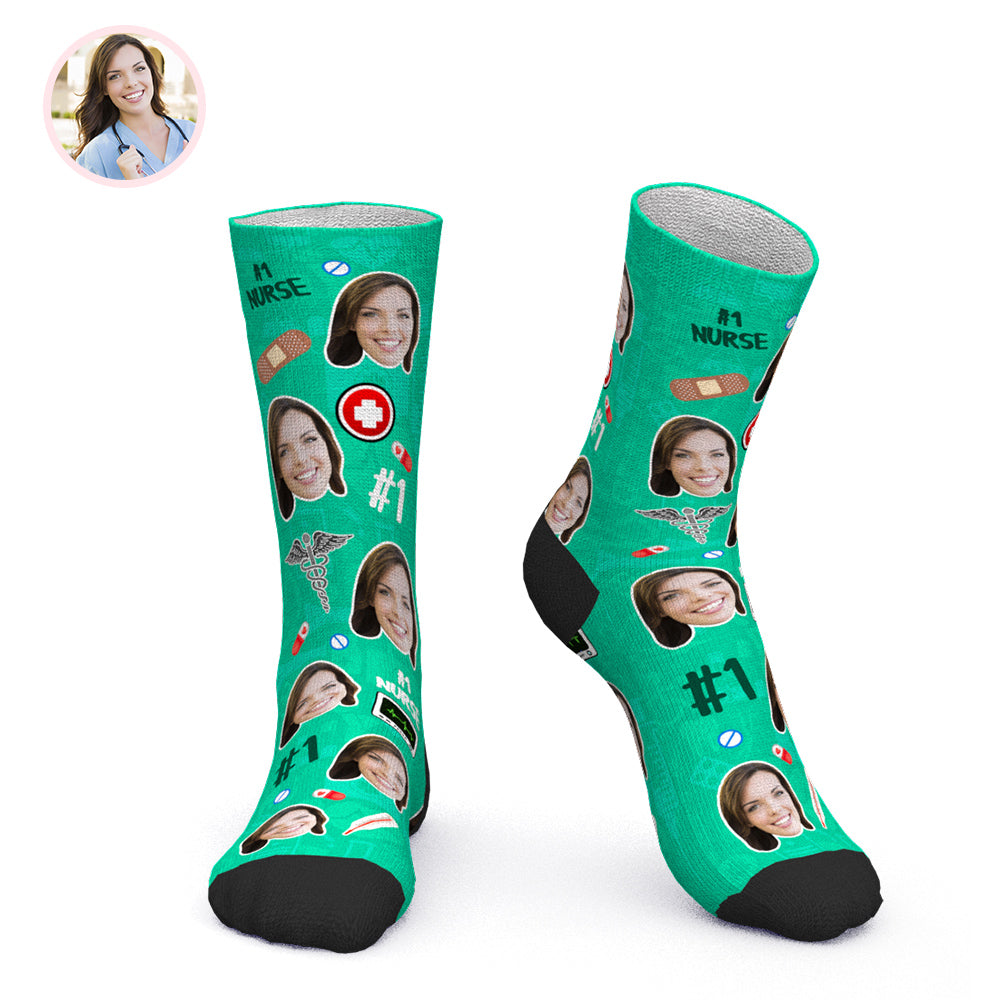 Close-up of breathable polyester fabric and vivid heat-transfer print on personalised face socks, showing durable colour and fine print detail