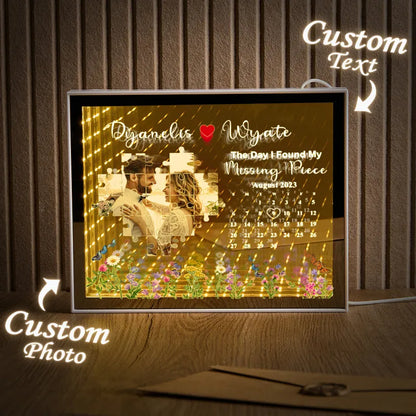 Custom engraved text example on a personalised LED photo frame showing names and date for an engraved light box keepsake