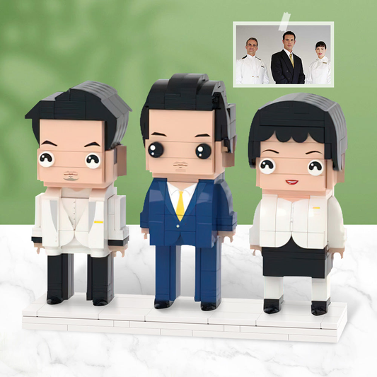 Custom Brick Figures set of three personalised miniatures created from office photos — unique personalised office gift for colleagues and teams