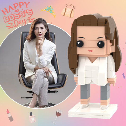 Full-body one-person customisable brick figure on white background — personalised small-particle block toy capturing hairstyle, expression and clothing
