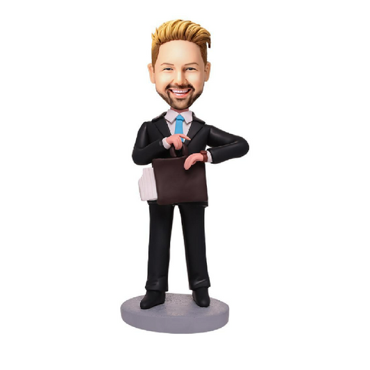 Personalised Business Man custom bobblehead with engraved text on base, head personalised from your photo, checking his watch, handcrafted polymer clay gift