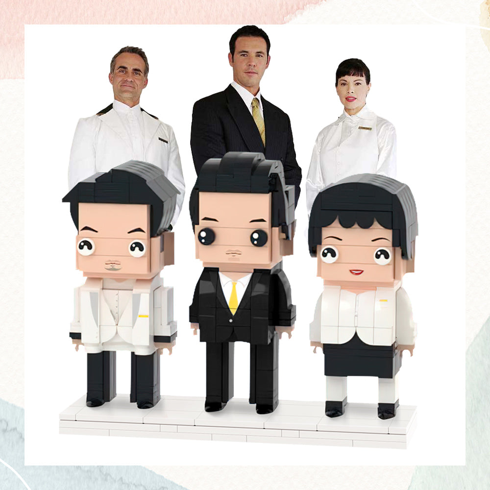 Custom Brick Figures set of three personalised miniatures created from office photos — unique personalised office gift for colleagues and teams