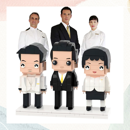 Custom Brick Figures set of three personalised miniatures created from office photos — unique personalised office gift for colleagues and teams