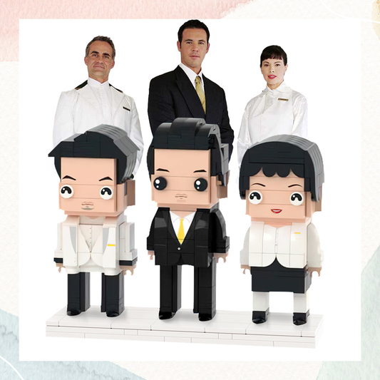 Custom Brick Figures set of three personalised miniatures created from office photos — unique personalised office gift for colleagues and teams