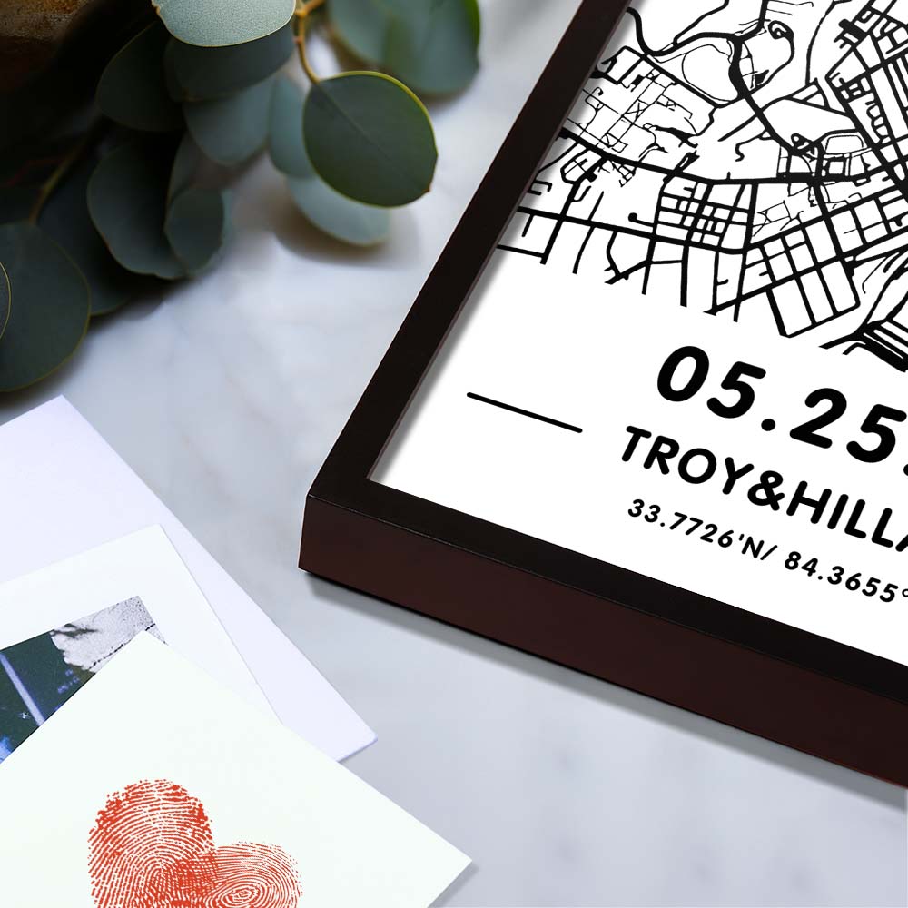 Angled mantelpiece view of the personalised hand-drawn street map plaque, minimalist acrylic frame with custom location text — ideal anniversary, housewarming or Mother's Day gift.