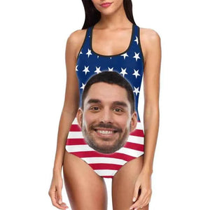 Custom American Flag Swimsuit With Boyfriend Face Women Swimsuit Face Bathing Suit