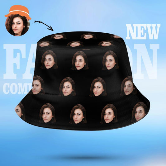 Custom Face Bucket Hat showing personalised portrait print on breathable fabric — unisex foldable sun & beach cap with 7cm brim and UV protection