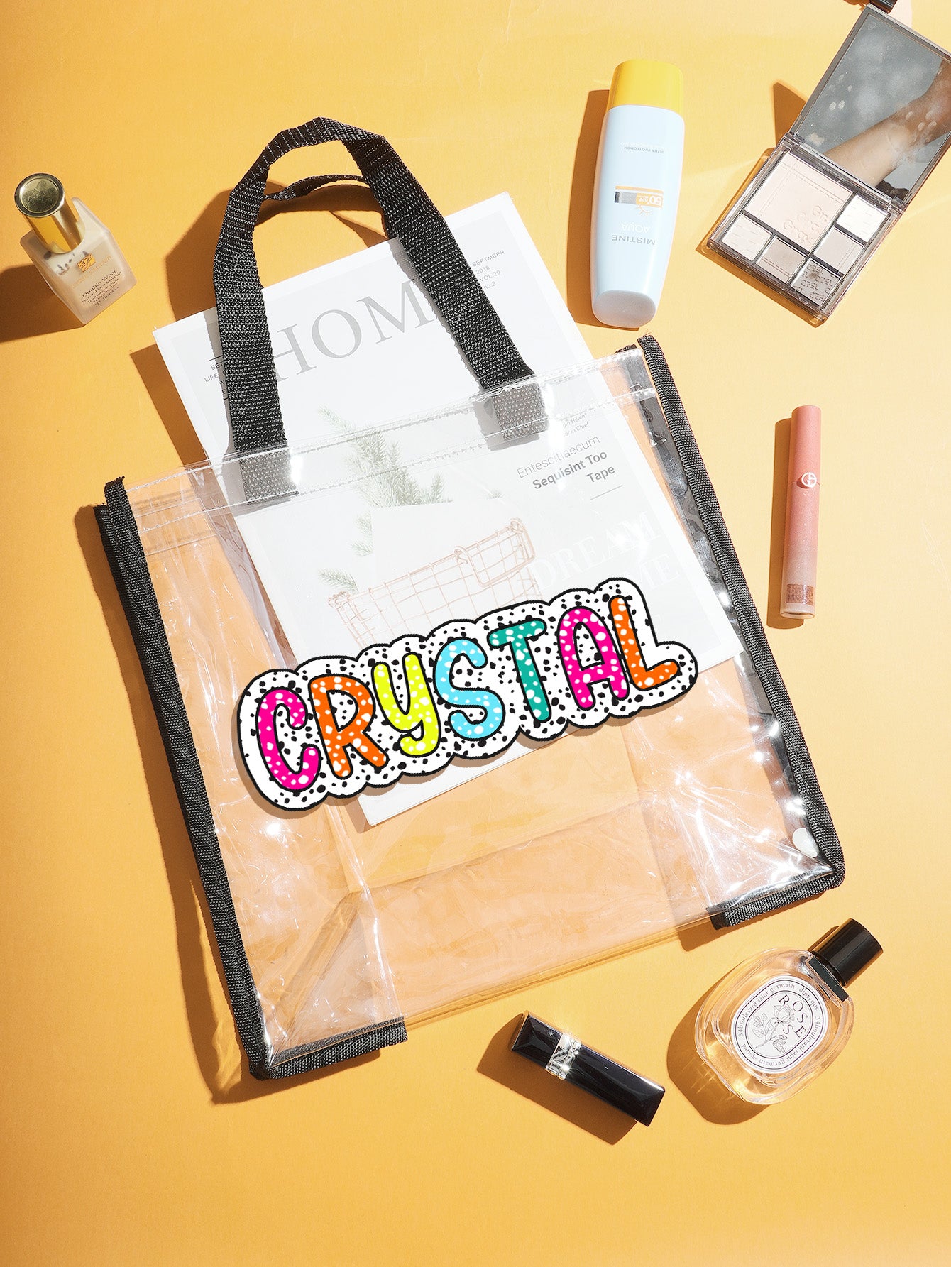 Group of personalised clear tote bags lined up for a bridesmaid party, clear PVC design ideal as wedding party gifts
