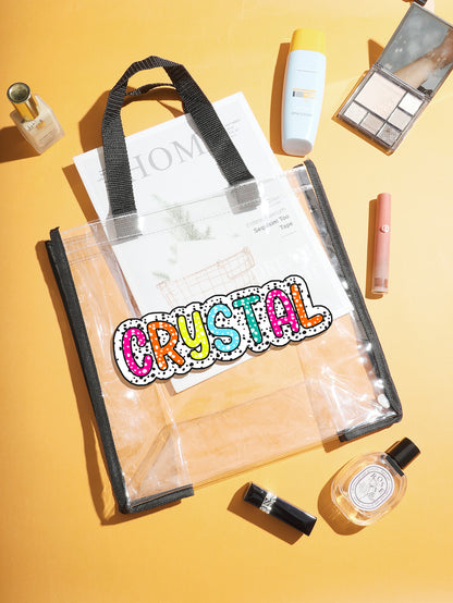 Group of personalised clear tote bags lined up for a bridesmaid party, clear PVC design ideal as wedding party gifts