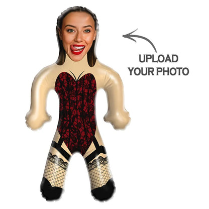 Lifestyle shot of the custom inflatable doll by the poolside as a humorous party prop.