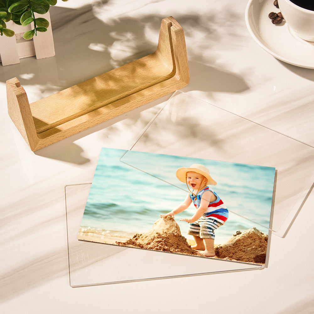 Close-up of engraved lettering and natural wood grain on a personalised wood photo plaque — high-quality engraved wooden keepsake ideal for newborn announcements and christenings