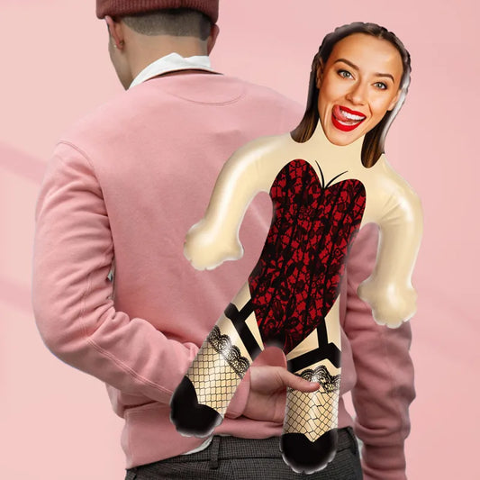 Custom inflatable doll with a personalised face printed from a photo — a quirky novelty gift for parties and celebrations.