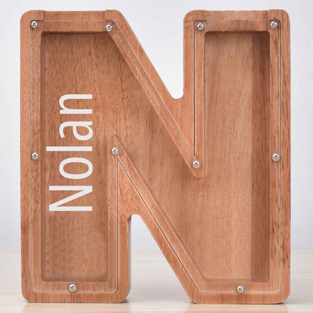 Custom Engraved Name Oak Wooden Letter Piggy Bank