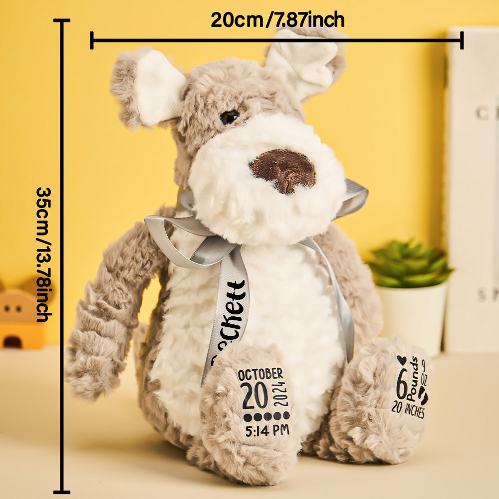 Rear view of personalised puppy plush showing neat stitching and PP cotton filling — easy-care surface wipe clean keepsake for babies