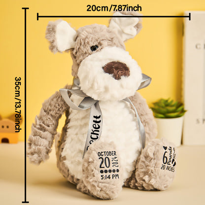 Rear view of personalised puppy plush showing neat stitching and PP cotton filling — easy-care surface wipe clean keepsake for babies