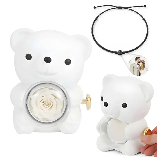 Personalised photo projection bracelet paired with rose bear giftbox – romantic Valentine's Day personalised keepsake gift set