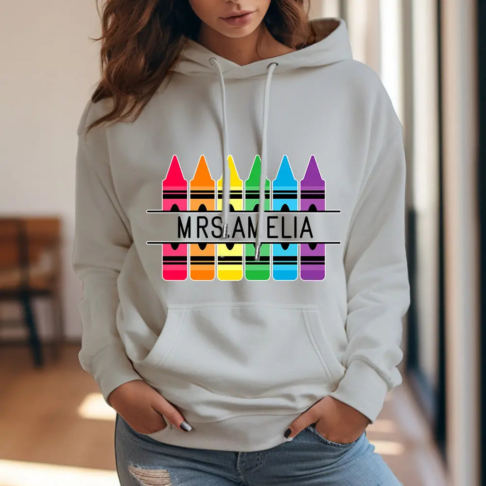 Hood and drawstring detail of the personalised crayon hooded sweatshirt — comfortable hooded design perfect for everyday school wear