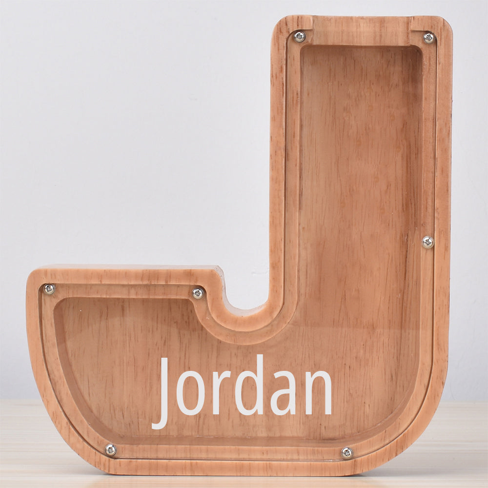 Personalised Oak Wooden Letter Money Box with Engraved Name | Handcrafted Piggy Bank