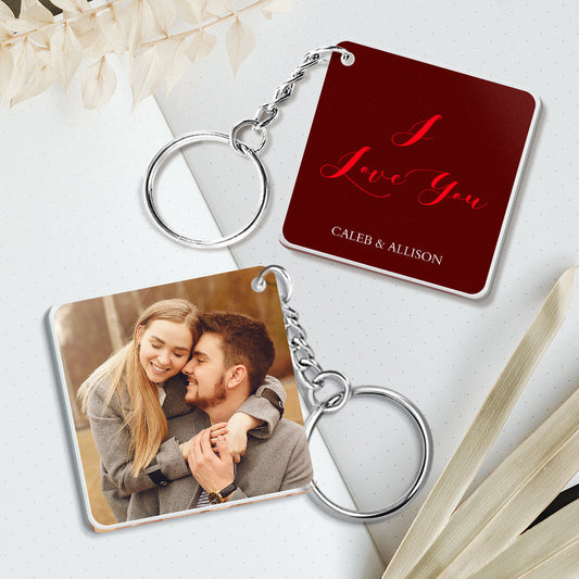 Close-up of personalised double-sided photo keychain in acrylic showing custom photograph printed on both sides — a 1.8-inch personalised keychain keepsake, ideal custom acrylic gift